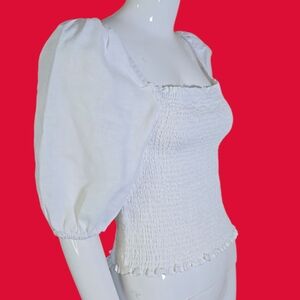 Faherty White Smocked Puff Sleeve Blouse